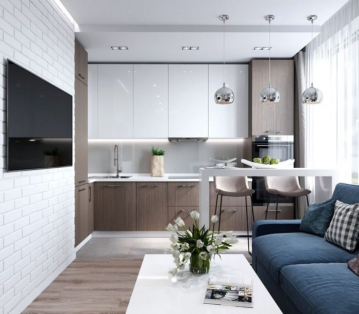 Mẫu phòng khách liền bếp 15m2 hình 1