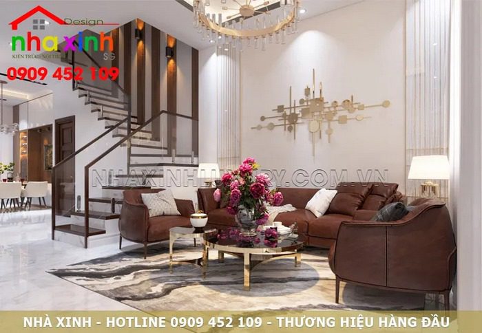 Mẫu phòng khách liền bếp có vách ngăn cầu thang hình 20