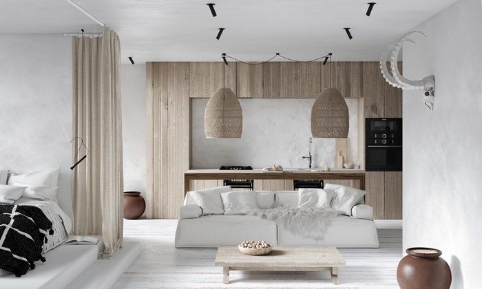 Thiết kế phòng khách liền bếp ăn cho căn hộ 16m2 đơn giản