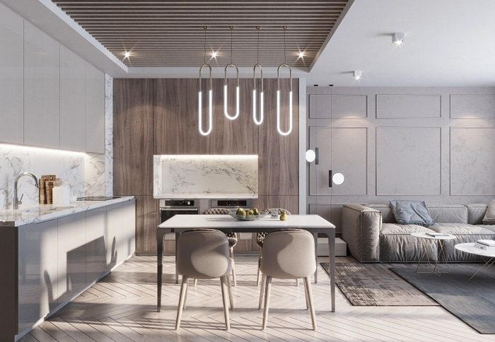 Mẫu phòng khách liền bếp 25m2 hình 3