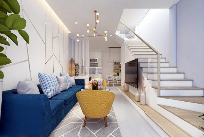 Thiết kế phòng khách liền kề bếp cho nhà ống với tone màu đen trắng hình 10
