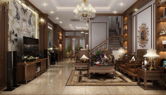 Mẫu phòng khách liền bếp nhà phố có nội thất gỗ đồng bộ hình 11