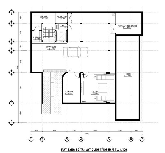 Thiết kế nhà biệt thự 3 tầng hiện đại tăng không gian sống 16 Mặt bằng tầng hầm biệt thự đẹp hiện đại 3 tầng
