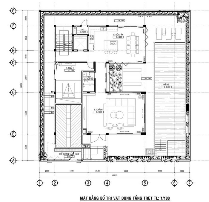 Thiết kế nhà biệt thự 3 tầng hiện đại tăng không gian sống 17 Mặt bằng tầng trệt biệt thự đẹp hiện đại 3 tầng