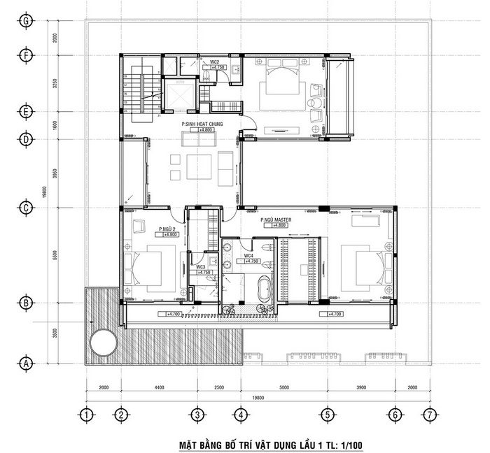 Thiết kế nhà biệt thự 3 tầng hiện đại tăng không gian sống 18 Mặt bằng tầng 1 biệt thự đẹp hiện đại 3 tầng