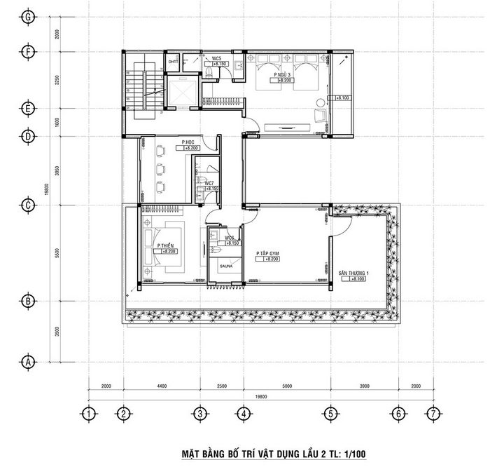Thiết kế nhà biệt thự 3 tầng hiện đại tăng không gian sống 19 Mặt bằng tầng 2 biệt thự đẹp hiện đại 3 tầng