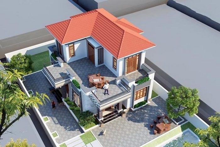 Mẫu Nhà 2 Tầng Mặt Tiền 8m Hiện Đại | Biệt Thự Tiện Nghi 3 Toàn cảnh nhà 2 tầng mặt tiền 8m mái thái 4 phòng ngủ
