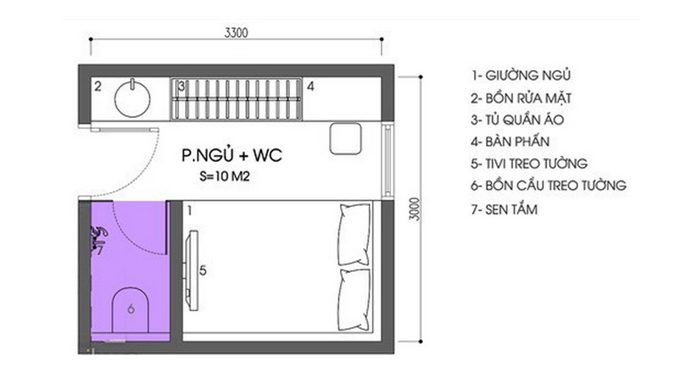 Bản vẽ phòng ngủ 10m2 dành cho tầng 2 nằm bên trái căn nhà tích hợp đầy đủ công năng 