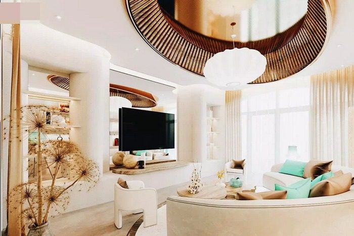 Biệt thự 5 tỷ sang trọng và thân thiện với môi trường 14 phòng khách siêu sang trọng với bộ sofa bo cong