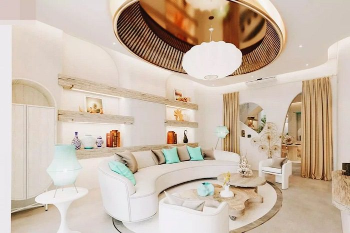 Biệt thự 5 tỷ sang trọng và thân thiện với môi trường 15 phòng khách siêu sang trọng với bộ sofa bo cong 1